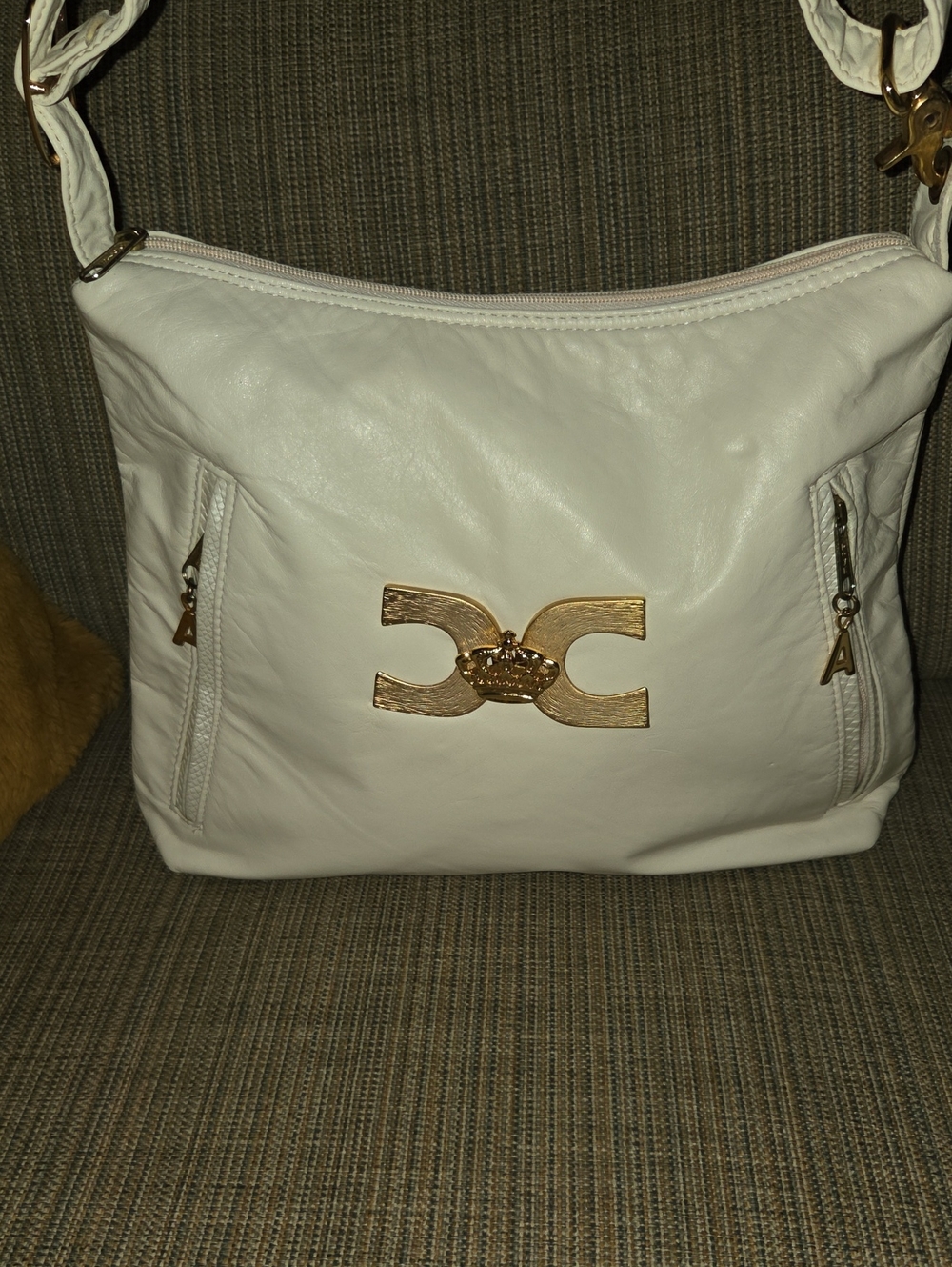 White Leather Shoulder Bag with Gold Accent